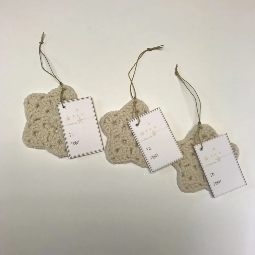 gift tag set of three neutral off white cream crocheted star with tags
